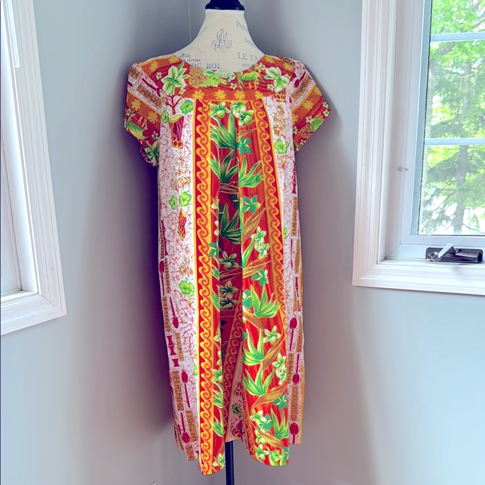 Vintage Hukilau Fashions Hawaiian mumu kaftan EVC size‎ M/L